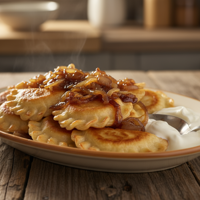 Classic Polish pierogi with potato and cheese filling, topped with butter-fried onions.