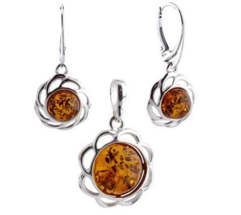 Baltic Amber and 925 silver sunflowers set of hanging earrings and pendant