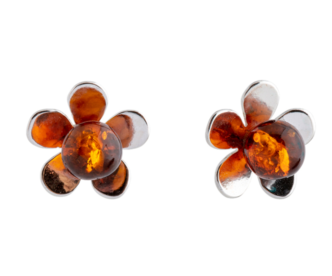 Beautiful flower stud earrings with Baltic amber and 925 silver
