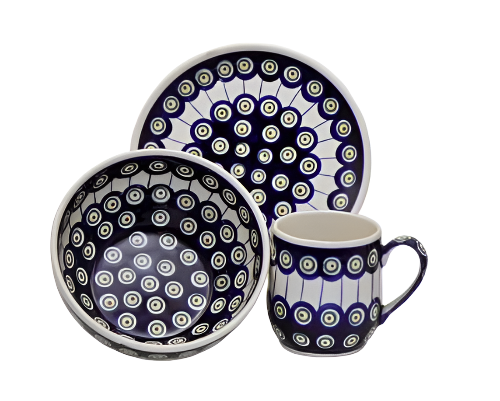 Bolesławiec pottery Breakfast set, Zestaw sniadaniowy,PEACOCK