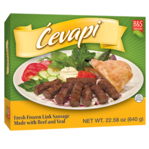 Packaging for B&S Frozen Cevapi Box showing the product name, a plate with sausage links, vegetables, and flatbread, and text stating it is fresh frozen link sausage made with beef and veal.