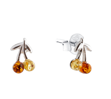 Cherry shaped 925 silver and Baltic amber stud earrings