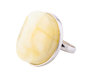 Classic 925 silver ring with milky Baltic amber 28 mm in the shape of a disc, adjustable