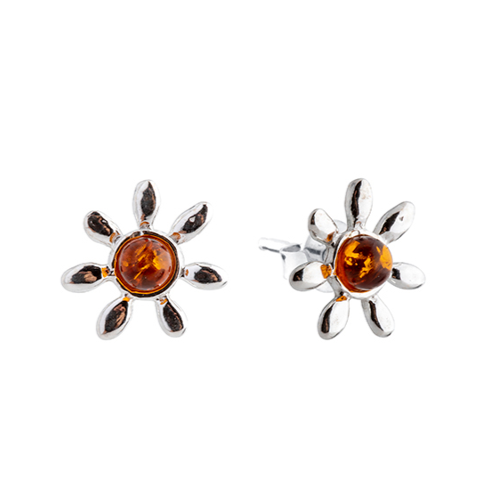 Delicate Baltic amber flowers stud 925 silver earrings