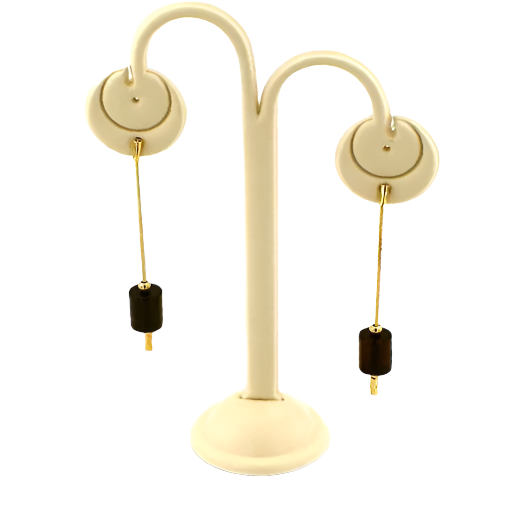 Delicate hanging gold plated silver earrings with a dark cherry Baltic amber in the shape of a cylinder
