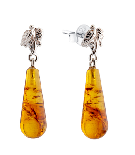 Drop-shaped silver 925 and cognac Baltic amber hanging earrings