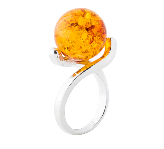 Elegant 925 silver ring with cognac Baltic amber ball