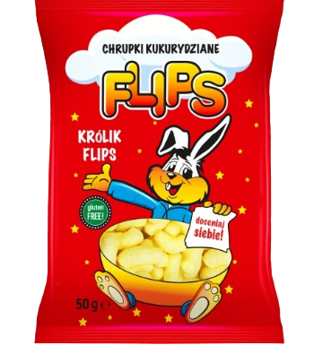 Flips snack package with a cartoon rabbit character on a red background