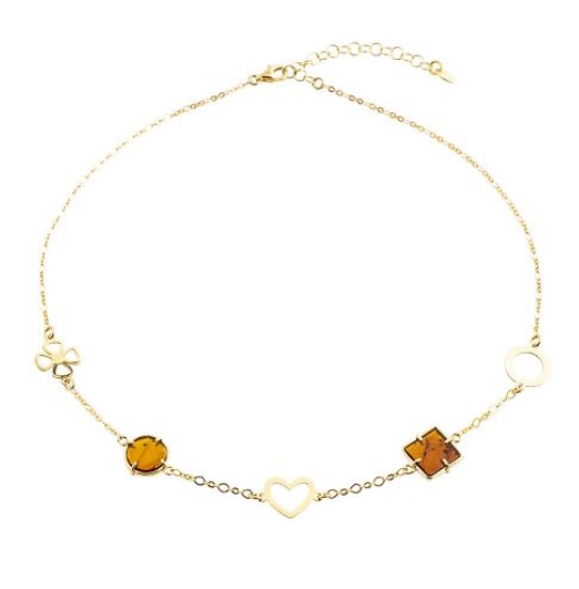 Fashionable gold plated 925 silver chain necklace decorated with cognac amber and silver pendants