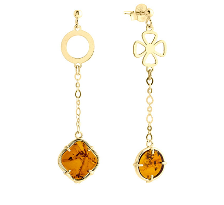 Fashionable hanging gold plated 925 silver earrings (asymmetrical) with Baltic amber and clover