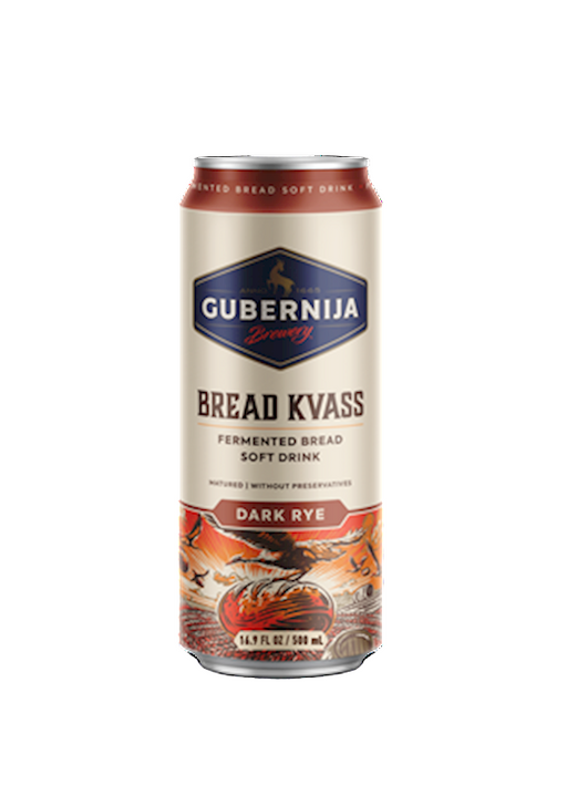 A can of Gubernija Bread Kvass, a fermented bread soft drink, with dark rye flavor.
