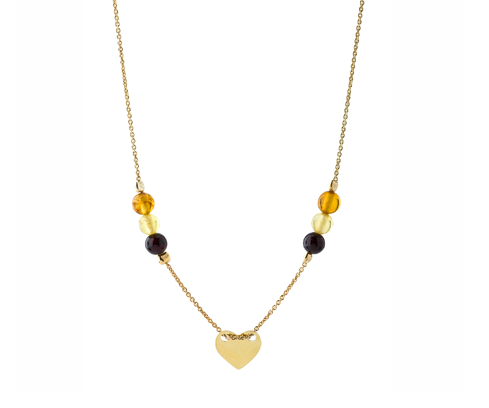 Gold and silver necklace with amber balls in three colors and a heart