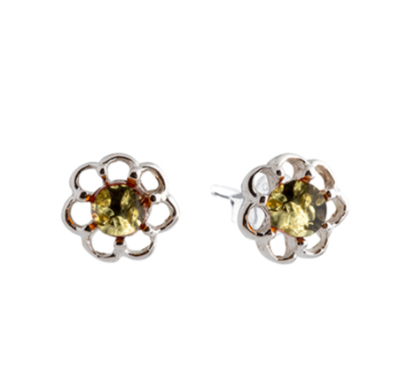 Green small flower Baltic amber silver 925 stud earrings