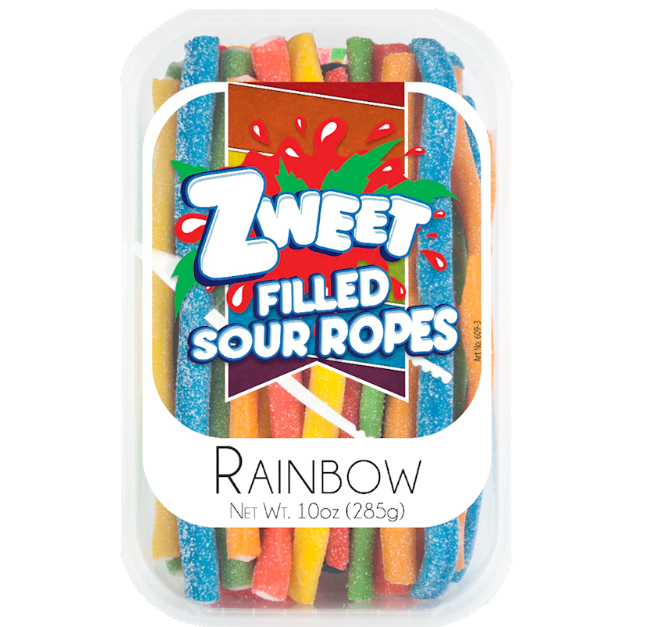 Packaged rainbow-colored sour ropes with a 'Zweet' label on a white background