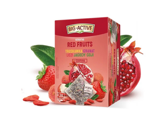 Packaging of Big Active Red Fruits Tea featuring images of strawberries and other red fruits, along with pieces of dried red fruit tea mix.
