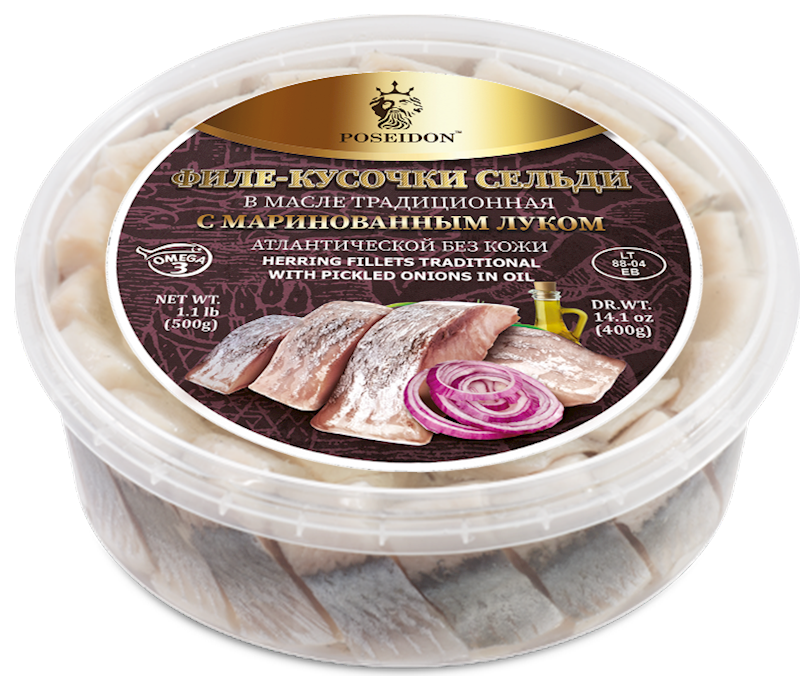 ATLANTIC HERRING FILLET WITH PICKLED ONIONS IN OIL, POSEIDON, LITHUANIA, 500G