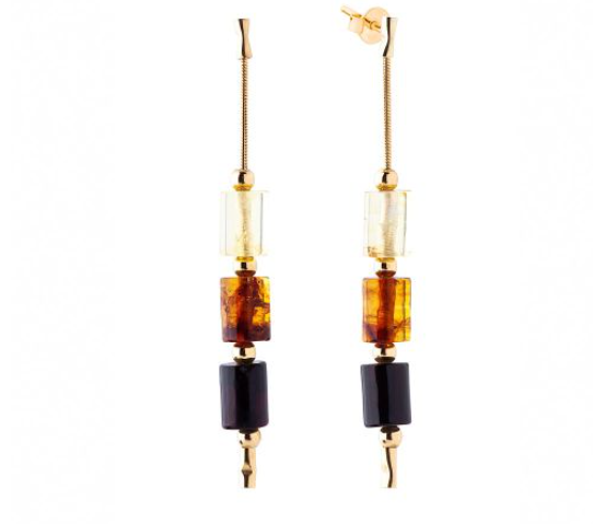 Hanging gold plated 925 silver earrings with 3 colors of Baltic amber in the shape of a cylinder