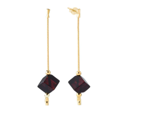 Hanging gold plated 925 silver cubic Earrings with cherry Baltic amber