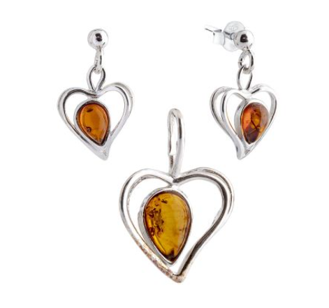 Hearts silver and Baltic amber set: hanging earrings + pendant