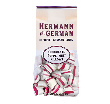 Hermann the German, Chocolate Filled Peppermint Pillows Candy