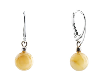 Classic hanging 925 silver earrings with milky Baltic amber, 10 mm ball