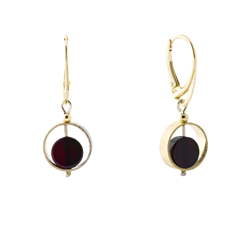 Modern gold and silver hanging earrings with cherry disc Baltic amber and silver circle