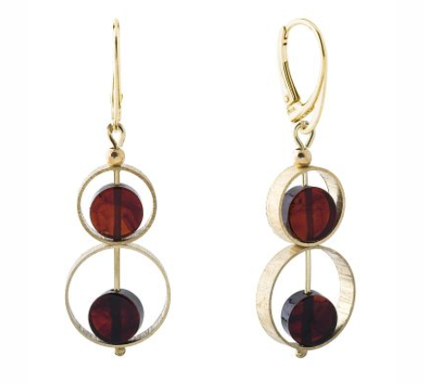 Modern gold and silver hanging earrings with double cherry disc Baltic amber and silver circle