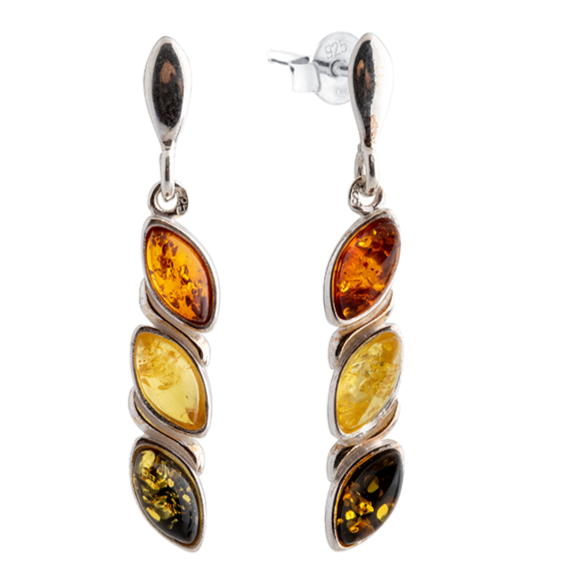 Multicolored silver 925 and Baltic amber hanging earrings