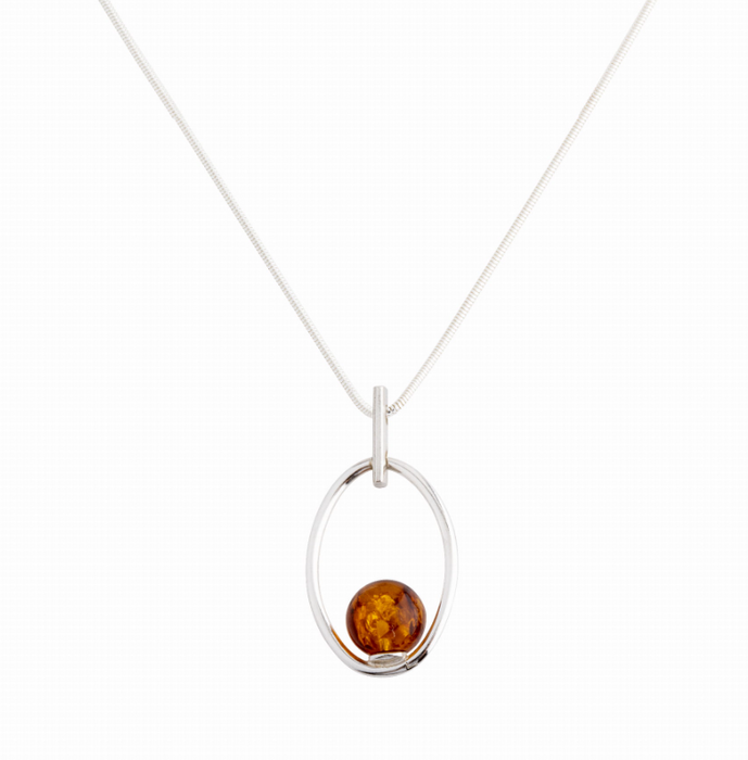 Oval 925 silver necklace with a cognac amber ball
