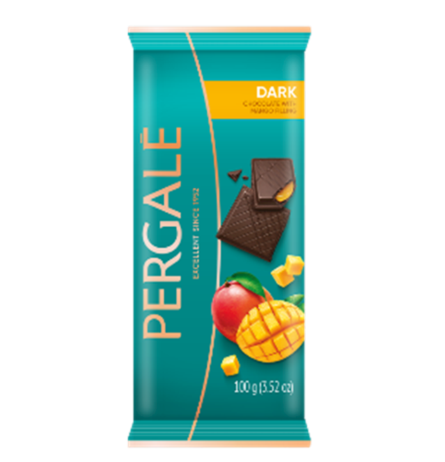A PERGALE Dark chocolate bar with mango filling, 100g size, packaging displayed.