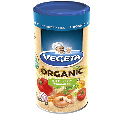 A can of Podravka Vegeta ORGANIC with a blue lid on a white background, displaying various organic ingredients and the Vegeta logo.