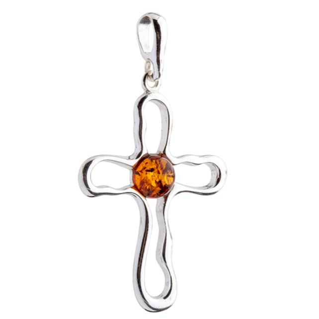 Silver and amber cross in cognac color