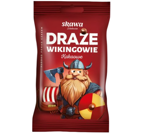 Red package of skawa Draèe Wikingowie with a cartoon Viking character on a white background
