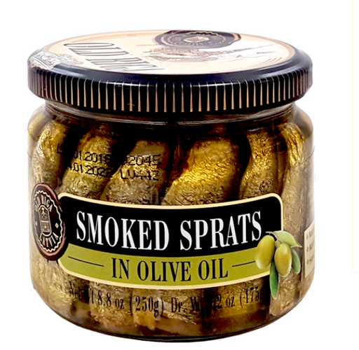 Jar of smoked sprats in olive oil with a visible label on a white background