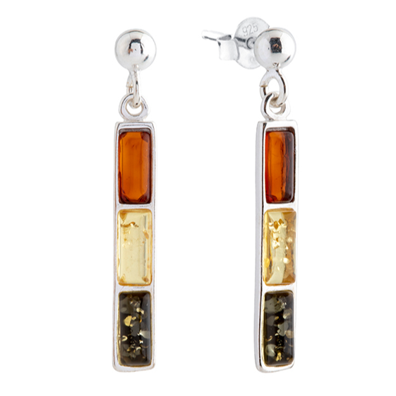 Multicolored Baltic amber and 925 silver hanging earrings