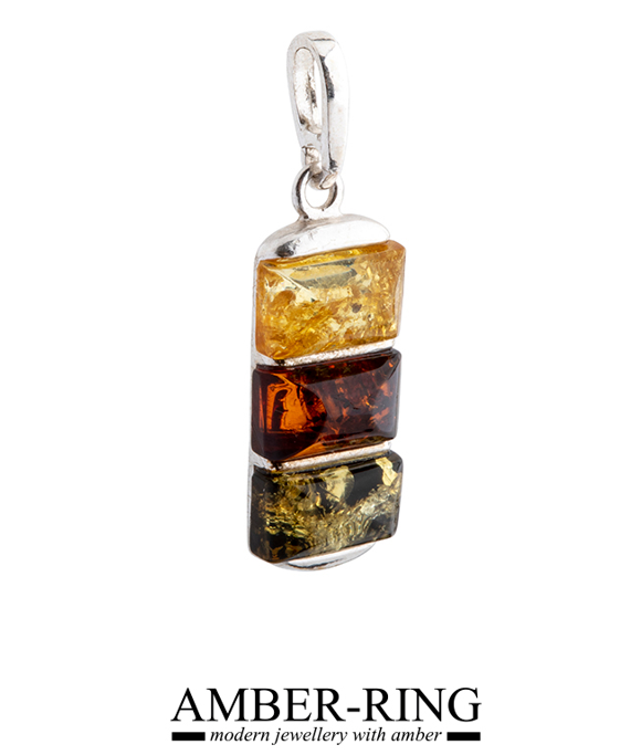 Delicate three-color amber pendant made of silver