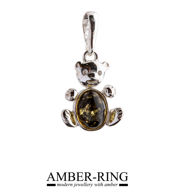 Teddy bear pendant green amber