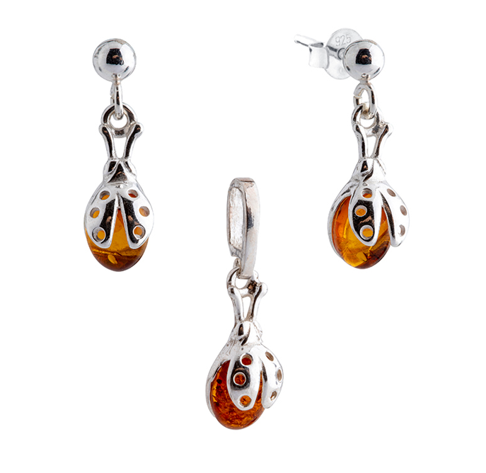 A set of 925 silver and Baltic amber earrings and a lady bug pendant