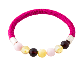 Pink leather bracelet with colorful amber