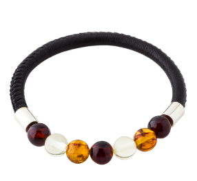 Black leather bracelet with colorful amber
