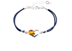 Girls' navy bracelet with cognac amber and heart