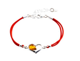 Girls' red bracelet with cognac amber and heart