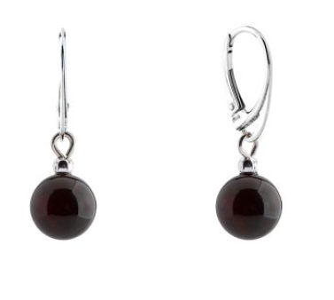 Silver hanging earrings with cherry Baltic amber, 10 mm ball