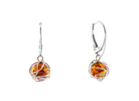 Silver hanging earrings and cognac Baltic amber, 8 mm ball with a silver net