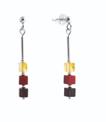 Delicate hanging silver earrings with Baltic amber in the shape of cubes 4 mm