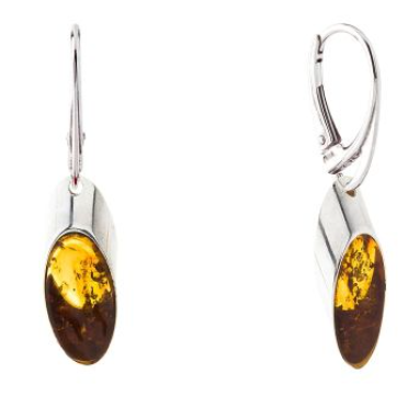 Elegant classic 925 silver oval hanging earrings with cognac Baltic amber.