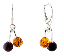 Hanging silver earrings with cognac/cherry Baltic amber balls 10 mm and 8 mm Earrings