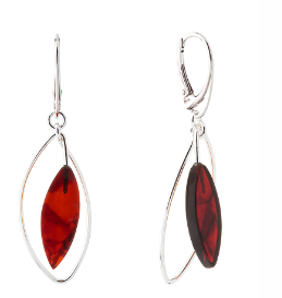 Elegant silver hanging earrings in the shape of flat spindles with cherry Baltic amber