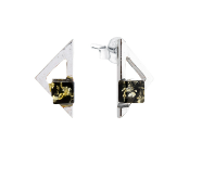 Silver Triangle earrings with a square lemon/green amber element on a stick