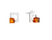 Silver Square earrings with a square cognac amber element on a stick